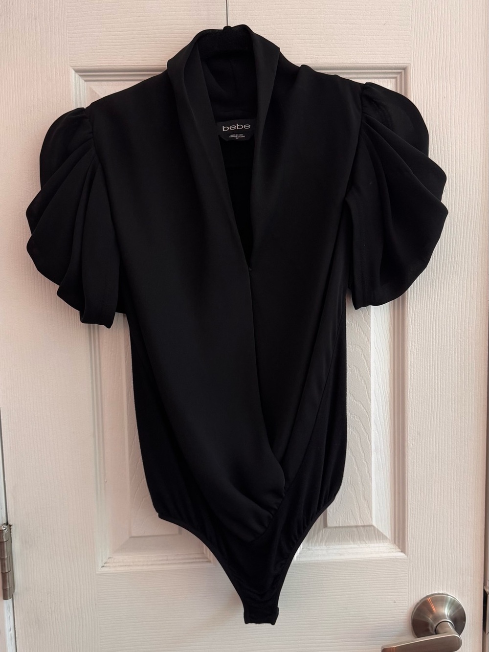 BEBE Black Statement Sleeve Wrap Style Bodysuit Size Small